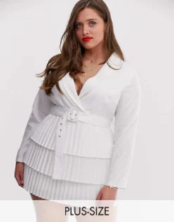 In The Style Plus Plunge Front Blazer Dress With Pleated Skirt In White
