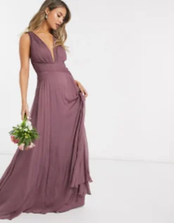 ASOS DESIGN Bridesmaid Ruched Bodice Drape Maxi Dress With Wrap Waist In Olive -RIVER ISLAND || PULL & BEAR || ONLY Sales Store 13632009 1 mauve