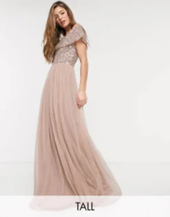 Maya Tall Bridesmaid Bardot Maxi Tulle Dress With Tonal Delicate Sequins In Taupe Blush