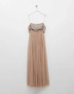 Maya Tall Bridesmaid Bardot Maxi Tulle Dress With Tonal Delicate Sequins In Taupe Blush -RIVER ISLAND || PULL & BEAR || ONLY Sales Store 13872308 3