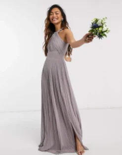 TFNC Bridesmaid Exclusive Pleated Maxi Dress In Grey