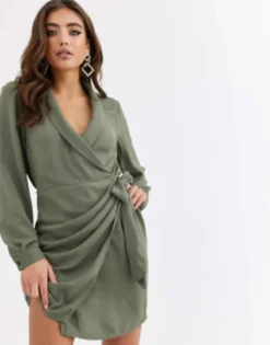 ASOS DESIGN Collared Wrap Mini Dress In Khaki -RIVER ISLAND || PULL & BEAR || ONLY Sales Store 14067209 1 palekhaki