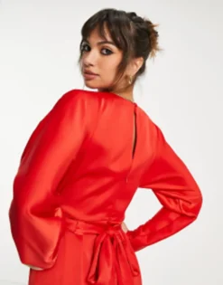ASOS DESIGN Satin Midi Dress With Batwing Sleeve And Wrap Waist In Red -RIVER ISLAND || PULL & BEAR || ONLY Sales Store 14153338 3