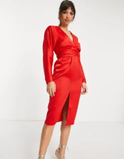 ASOS DESIGN Satin Midi Dress With Batwing Sleeve And Wrap Waist In Red -RIVER ISLAND || PULL & BEAR || ONLY Sales Store 14153338 4