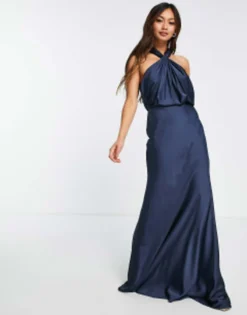ASOS EDITION Satin Ruched Halter Neck Maxi Dress In Dusky Blue -RIVER ISLAND || PULL & BEAR || ONLY Sales Store 200334101 1 petrolblue