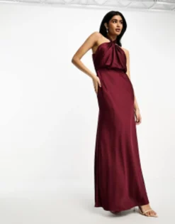 ASOS EDITION Satin Ruched Halter Neck Maxi Dress In Dusky Blue -RIVER ISLAND || PULL & BEAR || ONLY Sales Store 200334167 1 wine