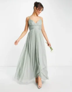 ASOS DESIGN Bridesmaid Ruched Panel Cami Maxi Dress With Wrap Skirt In Olive