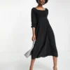 ASOS DESIGN Square Ruched Neck Midi Dress In Black