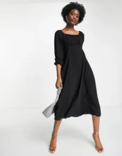 ASOS DESIGN Square Ruched Neck Midi Dress In Black