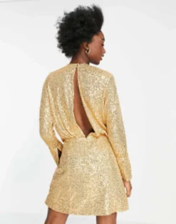 ASOS DESIGN Embellished Drape Detail Mini Dress With Button Detail In Gold -RIVER ISLAND || PULL & BEAR || ONLY Sales Store 200970722 4
