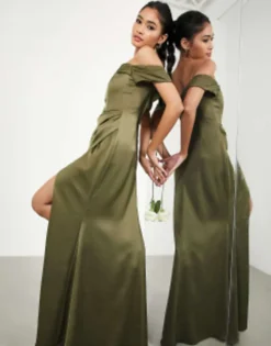 ASOS EDITION Satin Bardot Drape Wrap Maxi Dress In Sage Green -RIVER ISLAND || PULL & BEAR || ONLY Sales Store 201127979 1 olive
