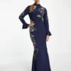 ASOS DESIGN Floral Embellished Maxi Dress With Flared Cuff Detail In Navy