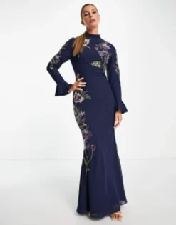 ASOS DESIGN Floral Embellished Maxi Dress With Flared Cuff Detail In Navy