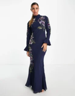 ASOS DESIGN Floral Embellished Maxi Dress With Flared Cuff Detail In Navy -RIVER ISLAND || PULL & BEAR || ONLY Sales Store 201180850 3