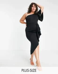 True Violet Plus One Shoulder Wrap Front Midi Dress In Black