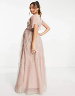 ASOS Maternity ASOS DESIGN Maternity Bridesmaid Pearl Embellished Maxi Dress With Floral Embroidery In Rose -RIVER ISLAND || PULL & BEAR || ONLY Sales Store 201227420 3