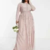 ASOS DESIGN Curve Bridesmaid Pearl Embellished Long Sleeve Maxi Dress With Floral Embroidery In Rose