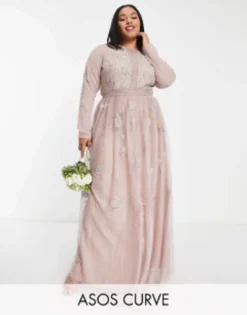 ASOS DESIGN Curve Bridesmaid Pearl Embellished Long Sleeve Maxi Dress With Floral Embroidery In Rose
