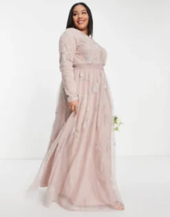 ASOS DESIGN Curve Bridesmaid Pearl Embellished Long Sleeve Maxi Dress With Floral Embroidery In Rose -RIVER ISLAND || PULL & BEAR || ONLY Sales Store 201227474 3