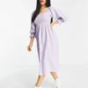 Miss Selfridge Petite Textured Shirred Midi Dress In Lilac