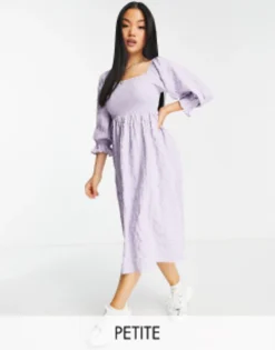 Miss Selfridge Petite Textured Shirred Midi Dress In Lilac