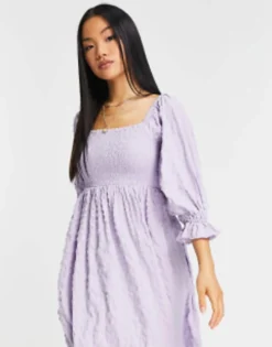 Miss Selfridge Petite Textured Shirred Midi Dress In Lilac -RIVER ISLAND || PULL & BEAR || ONLY Sales Store 201423976 3
