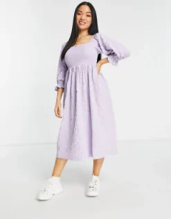 Miss Selfridge Petite Textured Shirred Midi Dress In Lilac -RIVER ISLAND || PULL & BEAR || ONLY Sales Store 201423976 4