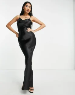 ASOS DESIGN Cami Maxi Slip Dress In High Shine Satin With Lace Up Back In Gunmetal -RIVER ISLAND || PULL & BEAR || ONLY Sales Store 201486990 1 black