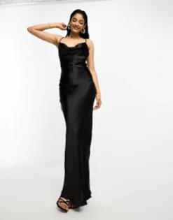 ASOS DESIGN Cami Maxi Slip Dress In High Shine Satin With Lace Up Back In Gunmetal -RIVER ISLAND || PULL & BEAR || ONLY Sales Store 201489099 1 black