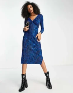 ASOS DESIGN Plisse Long Sleeve Knot Front Midi Dress In Swirl Print Blue And Black