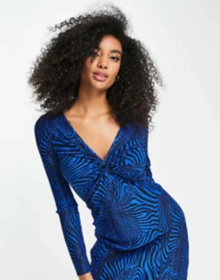 ASOS DESIGN Plisse Long Sleeve Knot Front Midi Dress In Swirl Print Blue And Black -RIVER ISLAND || PULL & BEAR || ONLY Sales Store 201532754 3