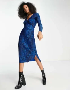 ASOS DESIGN Plisse Long Sleeve Knot Front Midi Dress In Swirl Print Blue And Black -RIVER ISLAND || PULL & BEAR || ONLY Sales Store 201532754 4