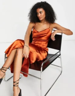 ASOS DESIGN Cami Maxi Slip Dress In High Shine Satin With Lace Up Back In Gunmetal -RIVER ISLAND || PULL & BEAR || ONLY Sales Store 201532844 1 rust