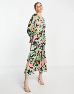 ASOS DESIGN Satin Button Front Maxi Tea Dress In Abstract Floral Print