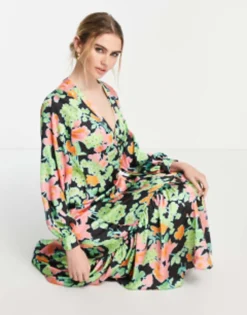 ASOS DESIGN Satin Button Front Maxi Tea Dress In Abstract Floral Print -RIVER ISLAND || PULL & BEAR || ONLY Sales Store 201614365 4