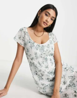 ASOS DESIGN 90s Pintuck Button Through Maxi Dress In White Based Ditsy Floral -RIVER ISLAND || PULL & BEAR || ONLY Sales Store 201702025 2