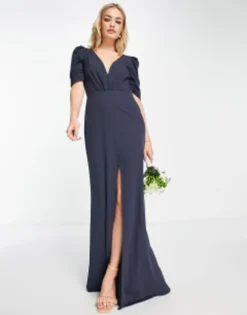 RIVER ISLAND || PULL & BEAR || ONLY Sales Store 25 Maya Bridesmaid Open Back V Neck Maxi Dress In Navy