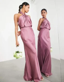 ASOS EDITION Satin Ruched Halter Neck Maxi Dress In Dusky Blue -RIVER ISLAND || PULL & BEAR || ONLY Sales Store 201876687 1 orchid