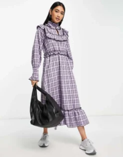 Y.A.S Check Dress With Collar Detail And Frill Hem In Purple