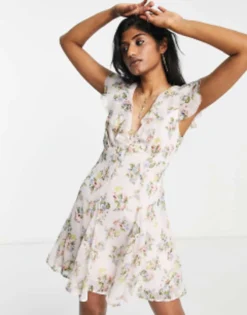ASOS DESIGN Frill Neck Mini Dress With Godet Skirt In Pink Floral Print -RIVER ISLAND || PULL & BEAR || ONLY Sales Store 202009013 3