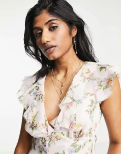 ASOS DESIGN Frill Neck Mini Dress With Godet Skirt In Pink Floral Print -RIVER ISLAND || PULL & BEAR || ONLY Sales Store 202009013 4