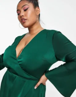 ASOS DESIGN Curve Bias Cut Satin Wrap Dress With Tie Waist In Forest Green -RIVER ISLAND || PULL & BEAR || ONLY Sales Store 202016614 3