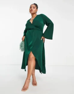 ASOS DESIGN Curve Bias Cut Satin Wrap Dress With Tie Waist In Forest Green -RIVER ISLAND || PULL & BEAR || ONLY Sales Store 202016614 4
