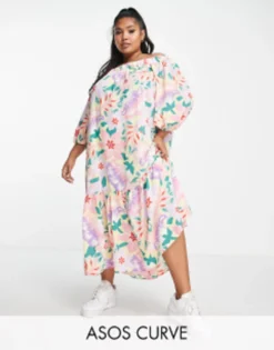 ASOS DESIGN Curve Off Shoulder Trapeze Maxi Dress With Pephem In Floral Print
