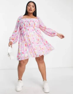 ASOS DESIGN Curve Square Neck Pleated Mini Skater Dress In Lilac Floral -RIVER ISLAND || PULL & BEAR || ONLY Sales Store 202098607 3