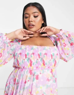 ASOS DESIGN Curve Square Neck Pleated Mini Skater Dress In Lilac Floral -RIVER ISLAND || PULL & BEAR || ONLY Sales Store 202098607 4