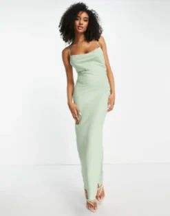 ASOS DESIGN Bridesmaid Lace Up Back Maxi Slip Dress In Sage Green