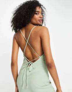 ASOS DESIGN Bridesmaid Lace Up Back Maxi Slip Dress In Sage Green -RIVER ISLAND || PULL & BEAR || ONLY Sales Store 202098906 3