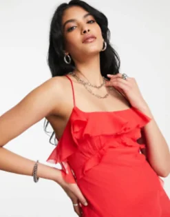 ASOS DESIGN Strappy Mini Dress With Bias Ruffle Detail In Red -RIVER ISLAND || PULL & BEAR || ONLY Sales Store 202140436 4