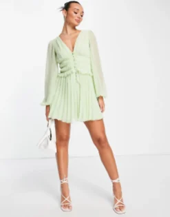 ASOS DESIGN Button Through Ruched Waist Pleated Mini Dress In Green Floral Print -RIVER ISLAND || PULL & BEAR || ONLY Sales Store 202219275 1 softgreen